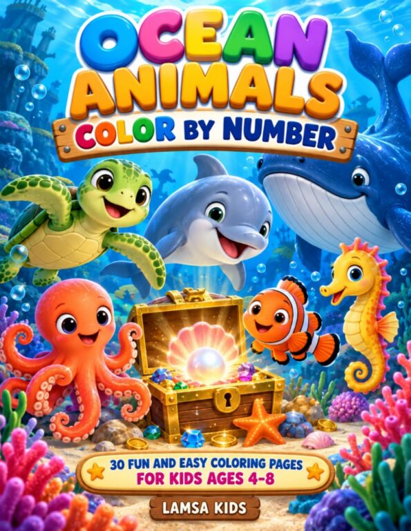 Ocean Animals Color by Number: 30 Fun and Easy Coloring Pages for Kids Ages 4–8 Book Cover by Fatma Alnuaimi