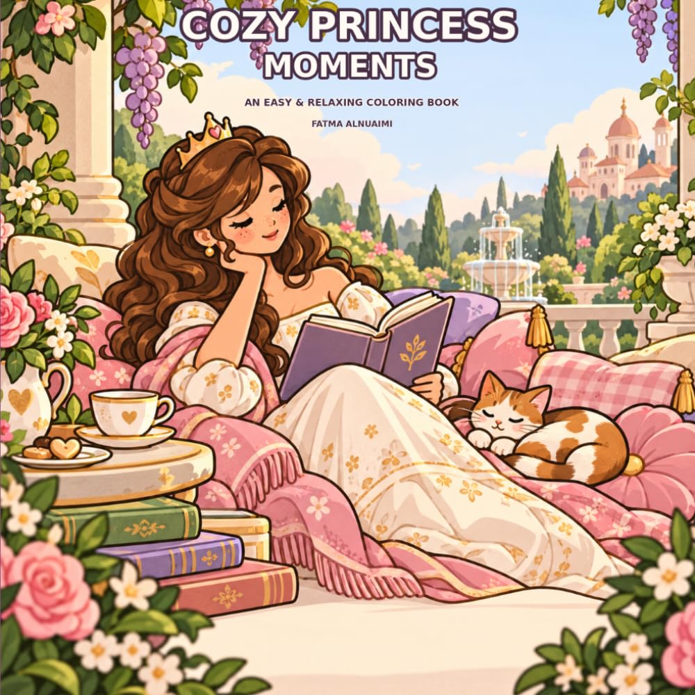 Cozy Princess Moments: An Easy & Relaxing Coloring Book Front Cover Cozy Princess Moments: An Easy & Relaxing Coloring Book Book Cover by Fatma Alnuaimi